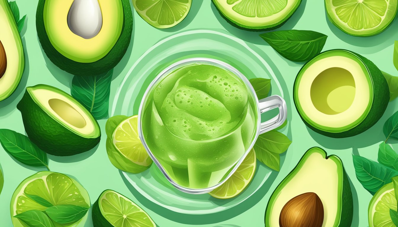 A refreshing avocado lime collagen drink surrounded by fresh ingredients and health-boosting superfoods