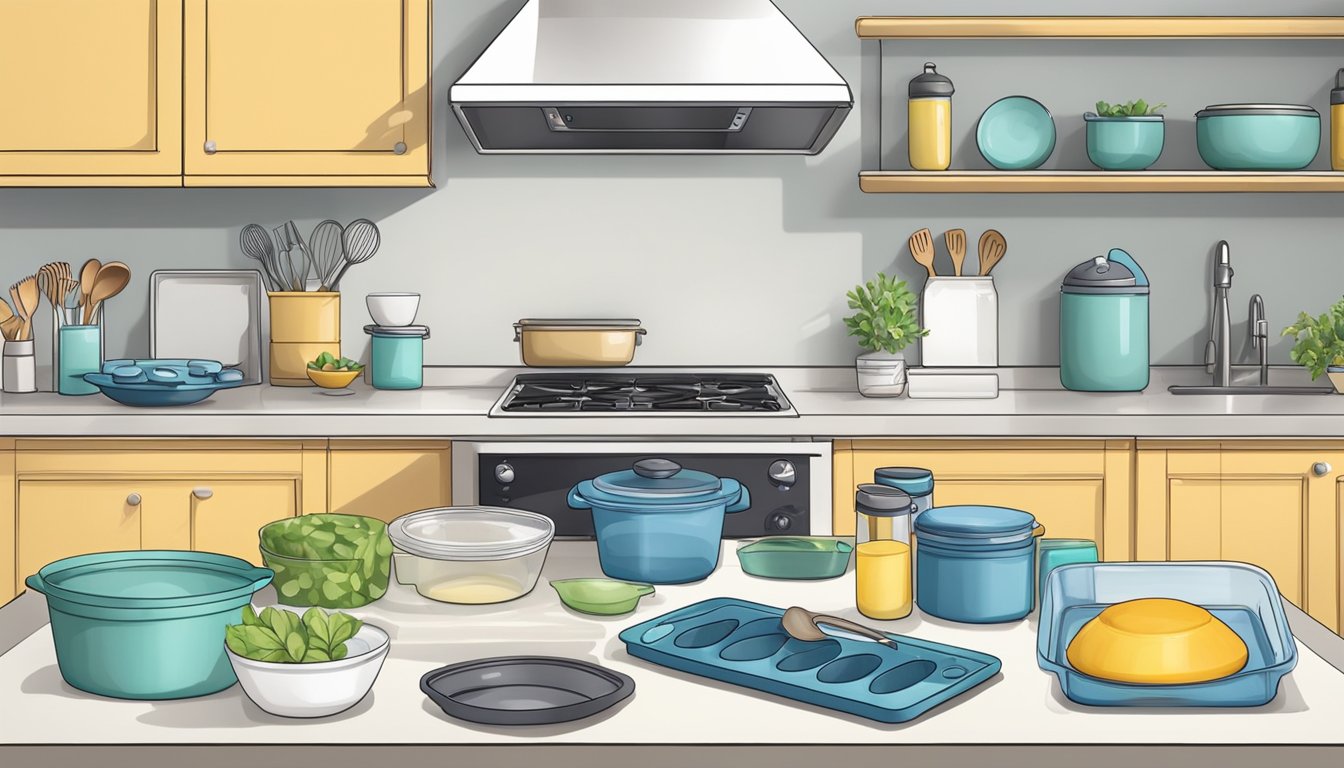 A kitchen counter with non-toxic bakeware including silicone molds, ceramic dishes, and glass baking sheets