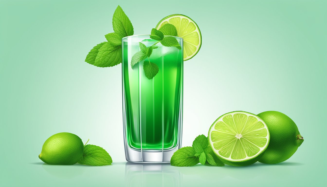 A tall glass filled with a vibrant green liquid, garnished with a slice of lime and a sprig of fresh mint