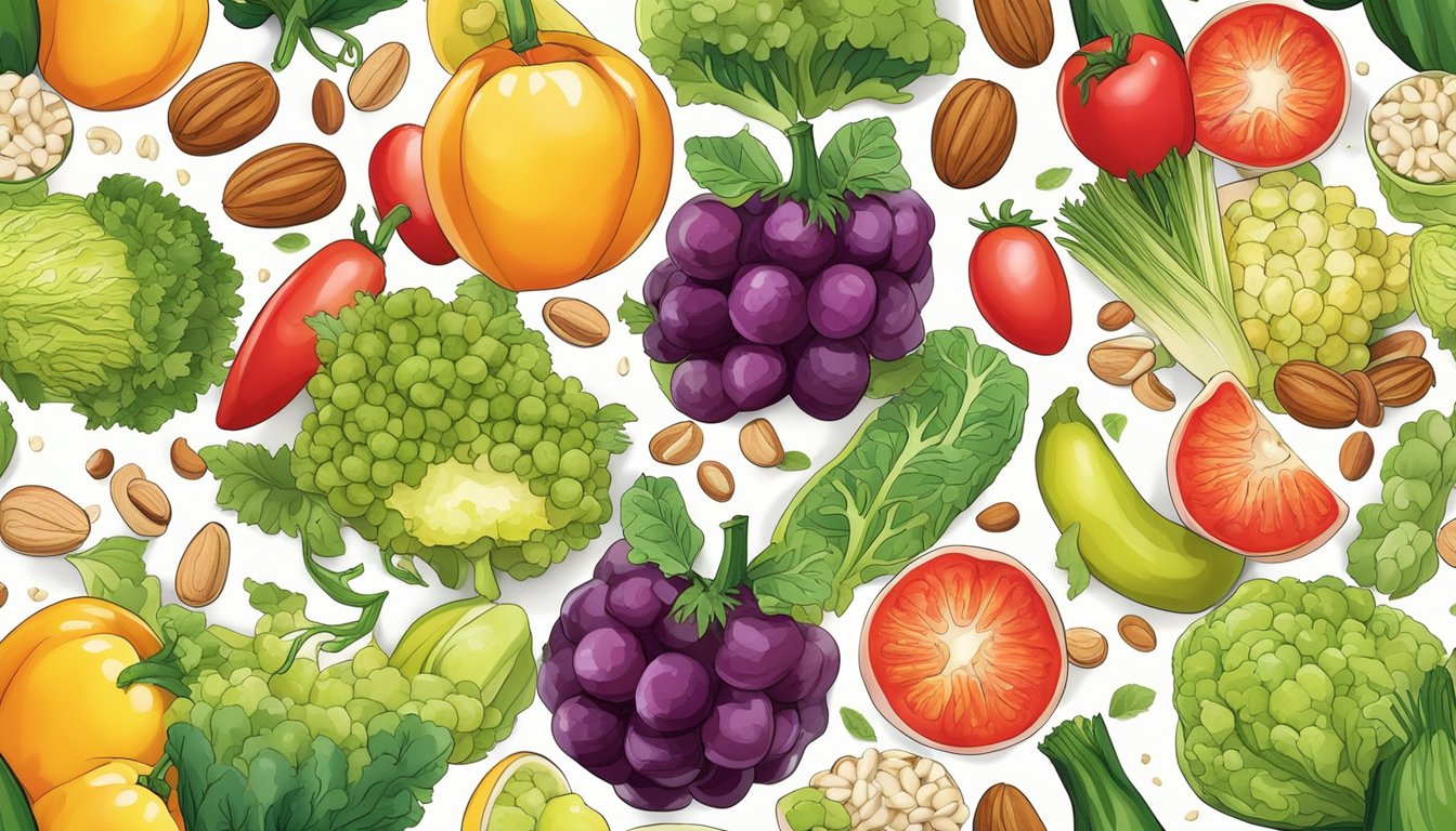 A colorful array of fresh vegetables and fruits arranged in an artful display on a clean, white plate. A sprinkle of seeds and nuts adds texture and visual interest