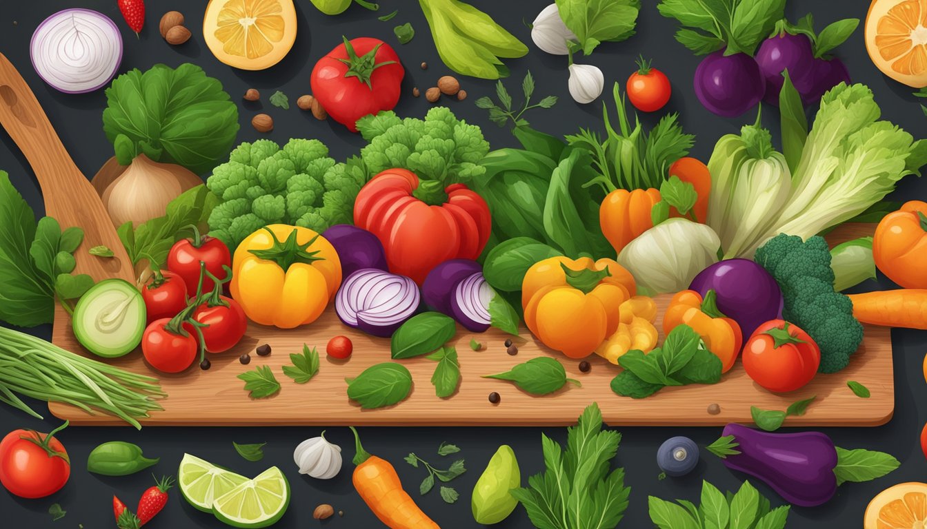 A vibrant assortment of fresh vegetables and fruits arranged on a wooden cutting board, surrounded by colorful herbs and spices