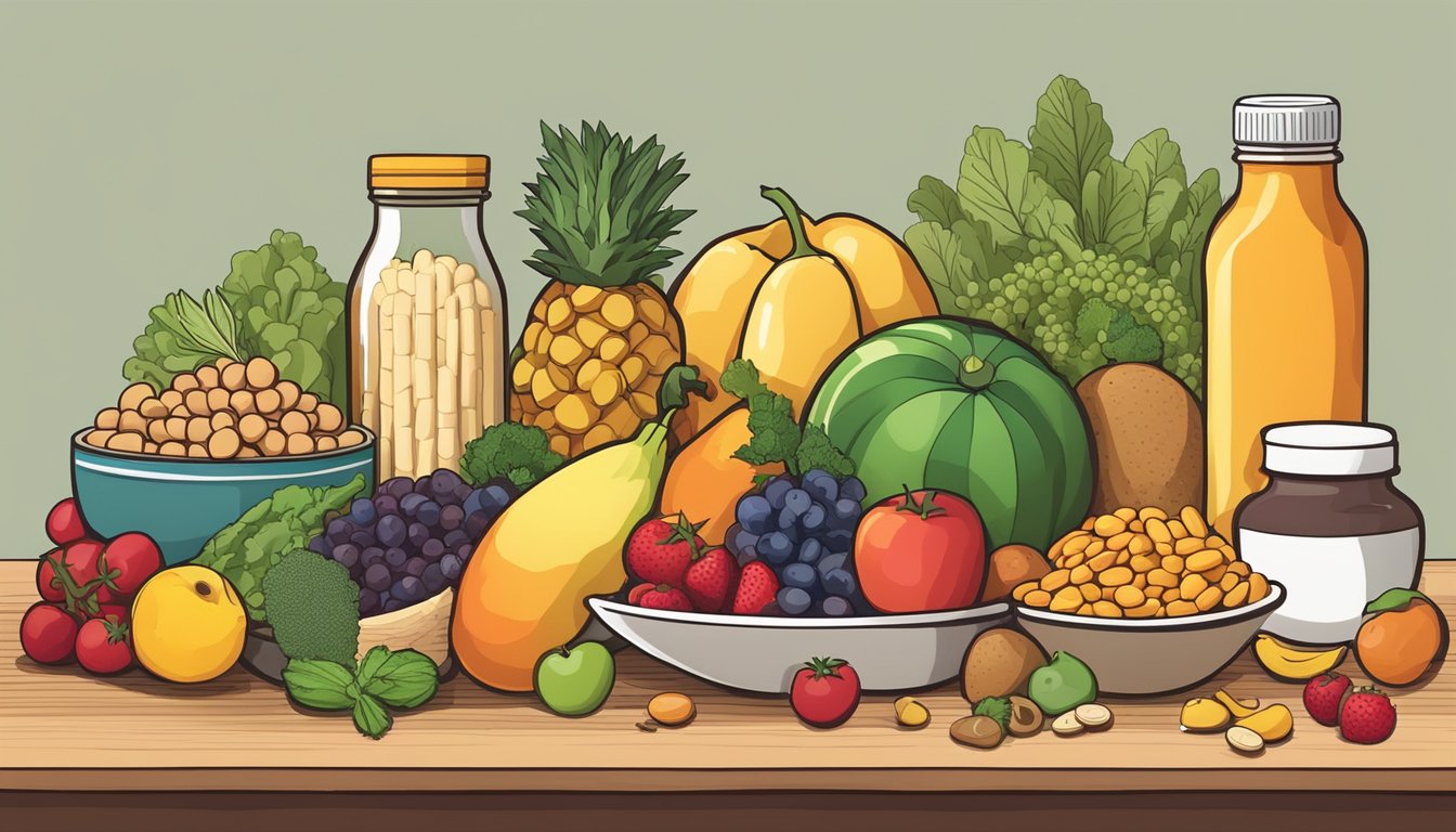 A colorful array of fruits, vegetables, and whole grains arranged on a table, with a bottle of vitamins and supplements nearby