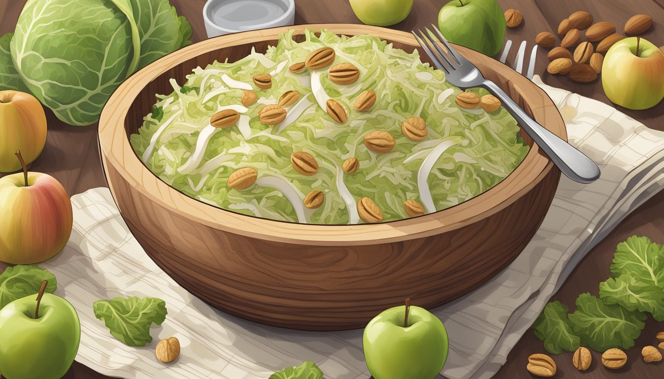 A wooden bowl filled with shredded cabbage, sliced apples, and walnuts, all tossed in a creamy dressing, with a fork resting on the edge