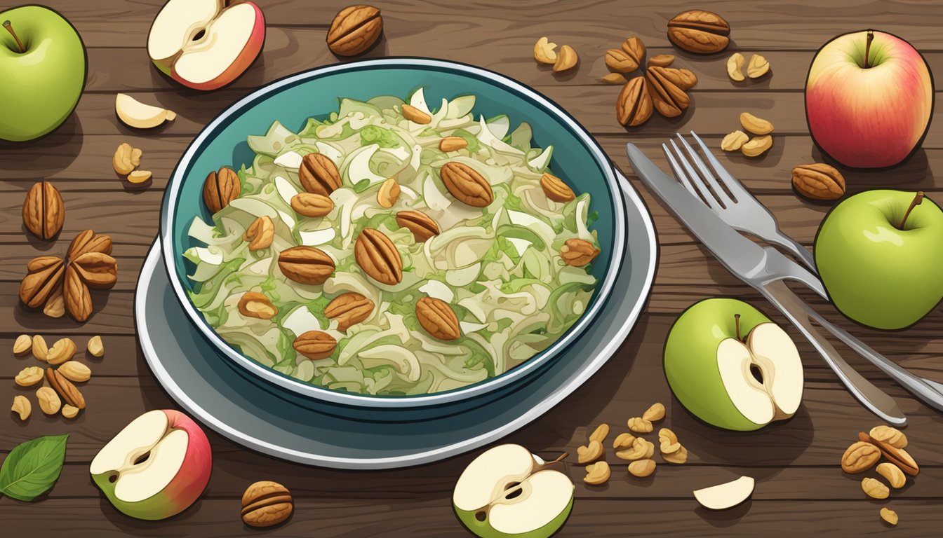 A bowl of apple walnut coleslaw surrounded by fresh apple slices and scattered walnuts on a rustic wooden table