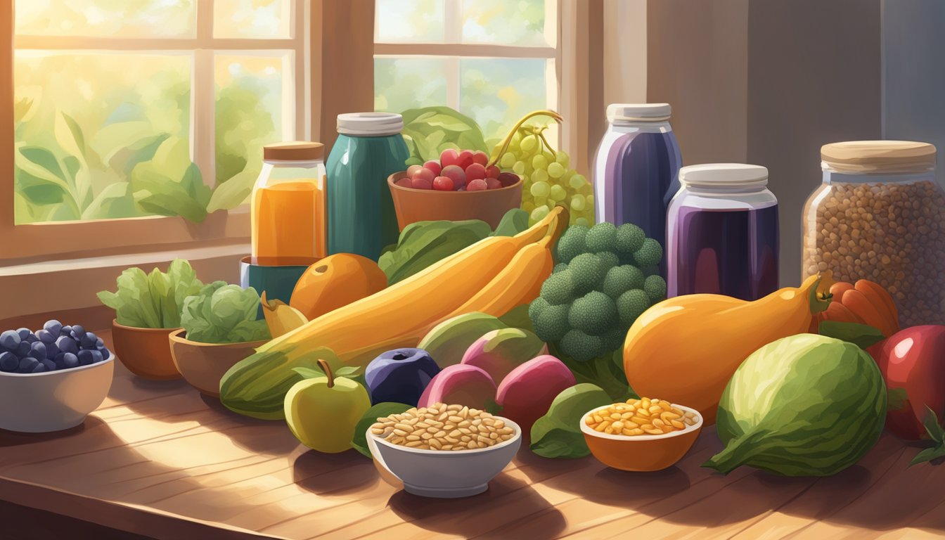 A colorful array of fruits, vegetables, and whole grains arranged around a bottle of herbal supplements and a yoga mat. Sunlight streams in through a window, casting a warm glow over the scene