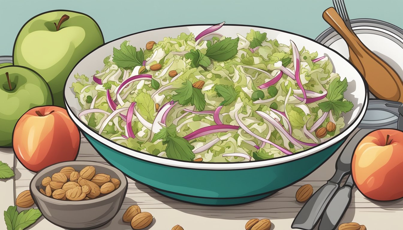 A bowl of apple walnut coleslaw surrounded by fresh ingredients and kitchen utensils