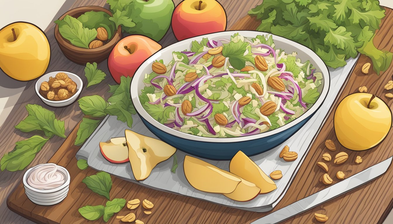 A bowl of apple walnut coleslaw surrounded by fresh, colorful ingredients on a wooden cutting board