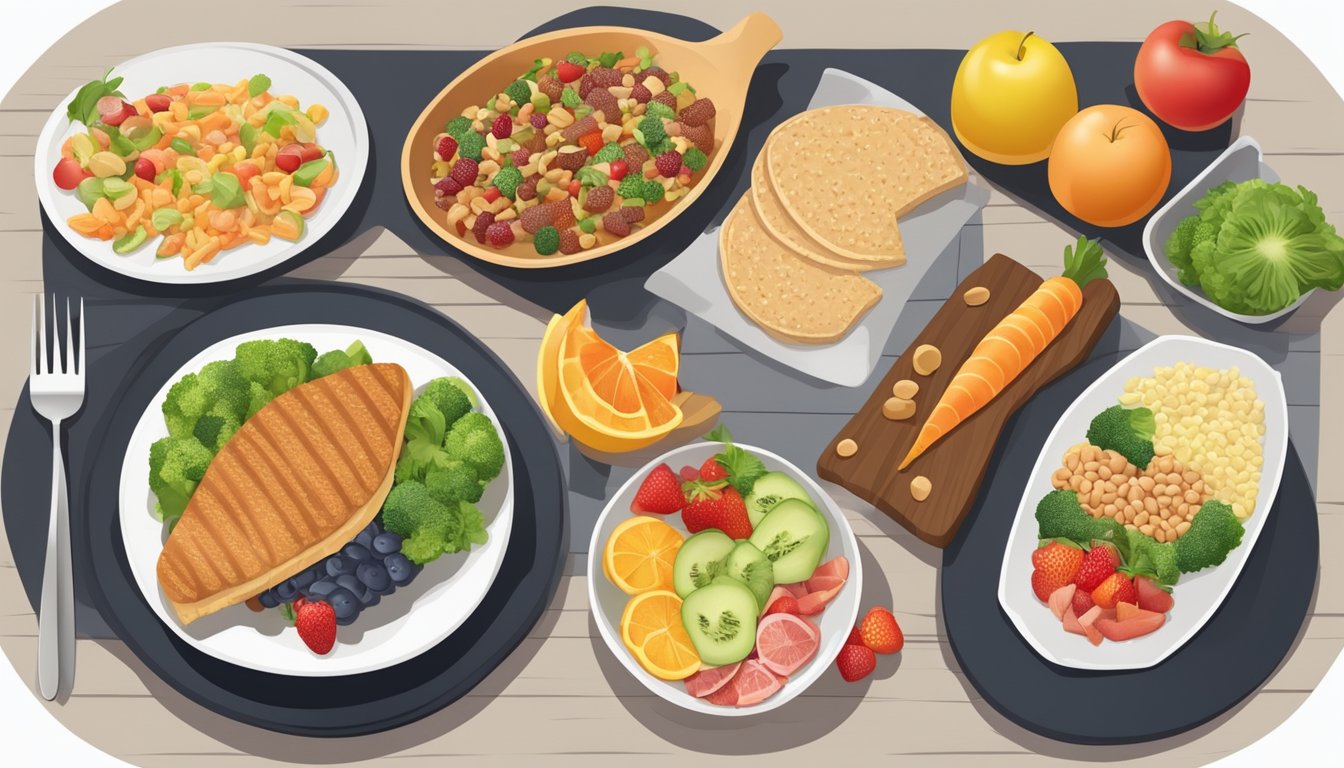 A dining table with a variety of unhealthy foods on one side and a balanced meal with fruits, vegetables, and lean protein on the other side