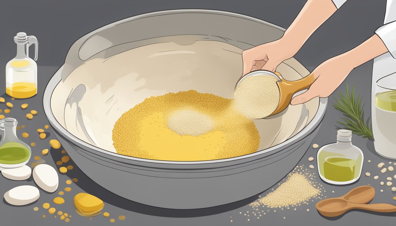 A chef sprinkles a blend of gluten-free flours and yeast into a mixing bowl, adding olive oil and water