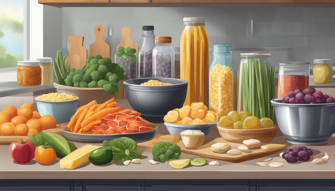 A variety of fresh and processed foods on a kitchen counter, with some showing signs of spoilage and others looking fresh and preserved