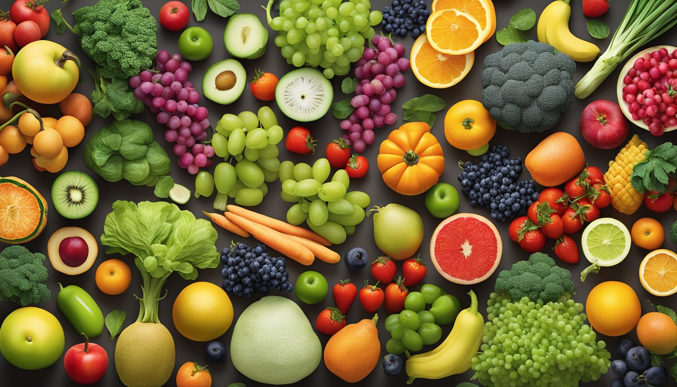 A colorful array of fruits and vegetables arranged in a balanced and appealing display