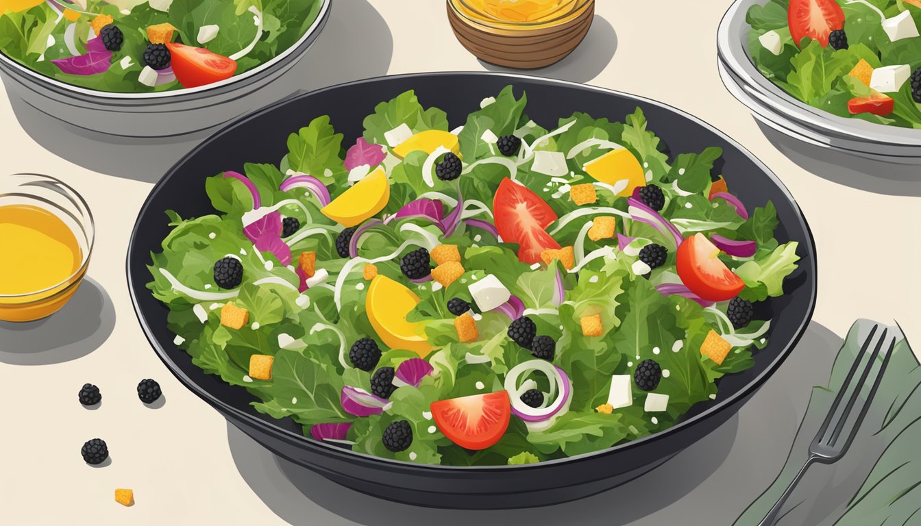 A bowl of fresh summer salad with black seed magic dressing drizzled over it, adding flavor and significance to the greens