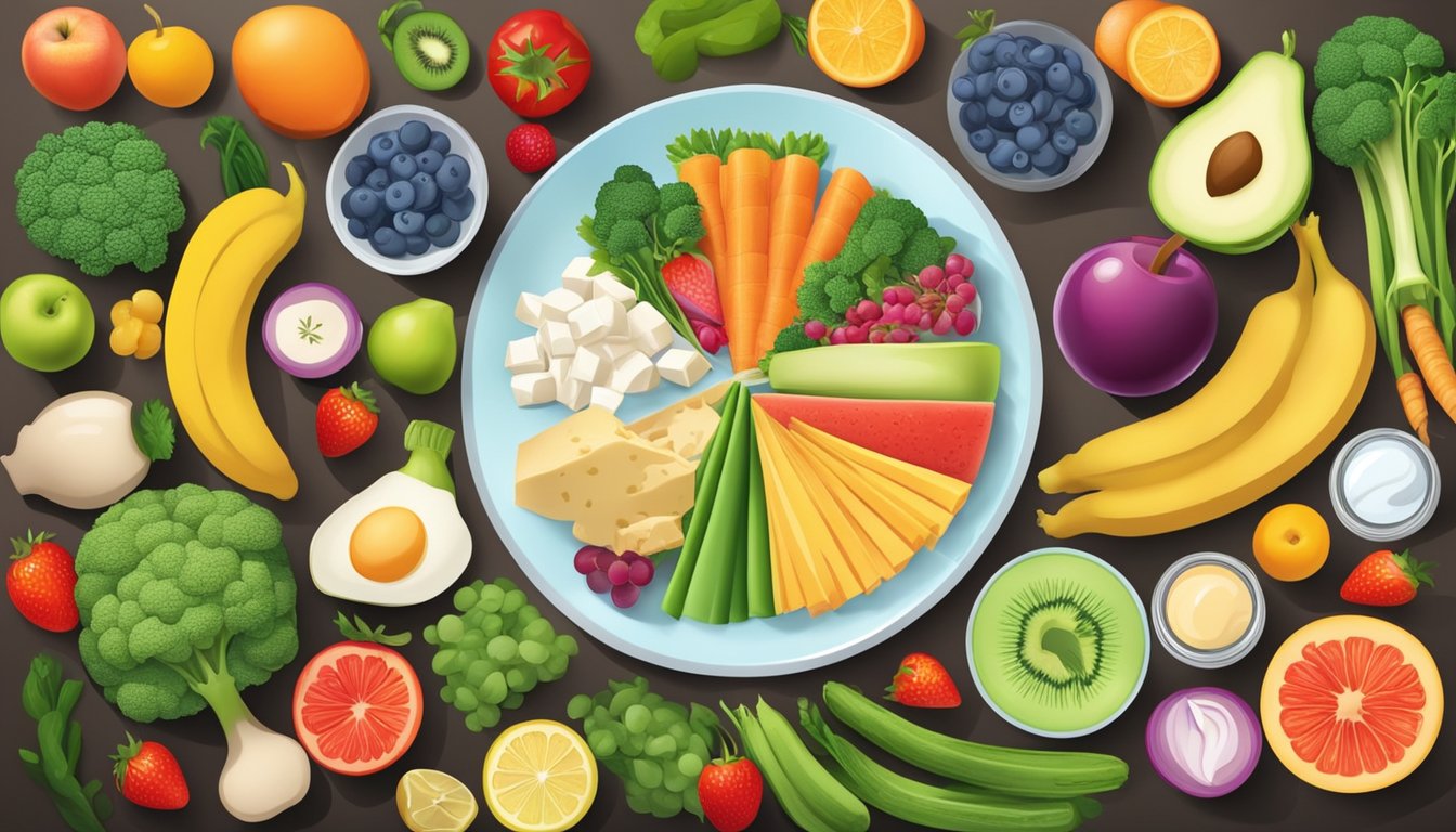 A colorful plate with a variety of proteins and dairy products, surrounded by vibrant fruits and vegetables, representing a balanced diet for growing bodies