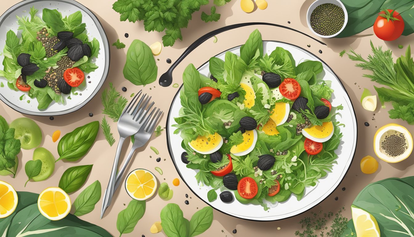 A vibrant green summer salad topped with black seed magic dressing, surrounded by fresh ingredients and herbs