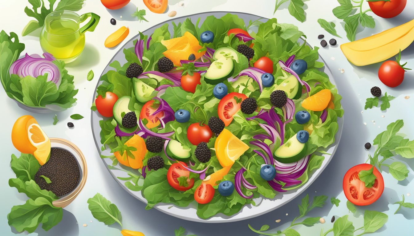 A vibrant summer salad topped with black seed magic dressing, surrounded by fresh greens and colorful vegetables