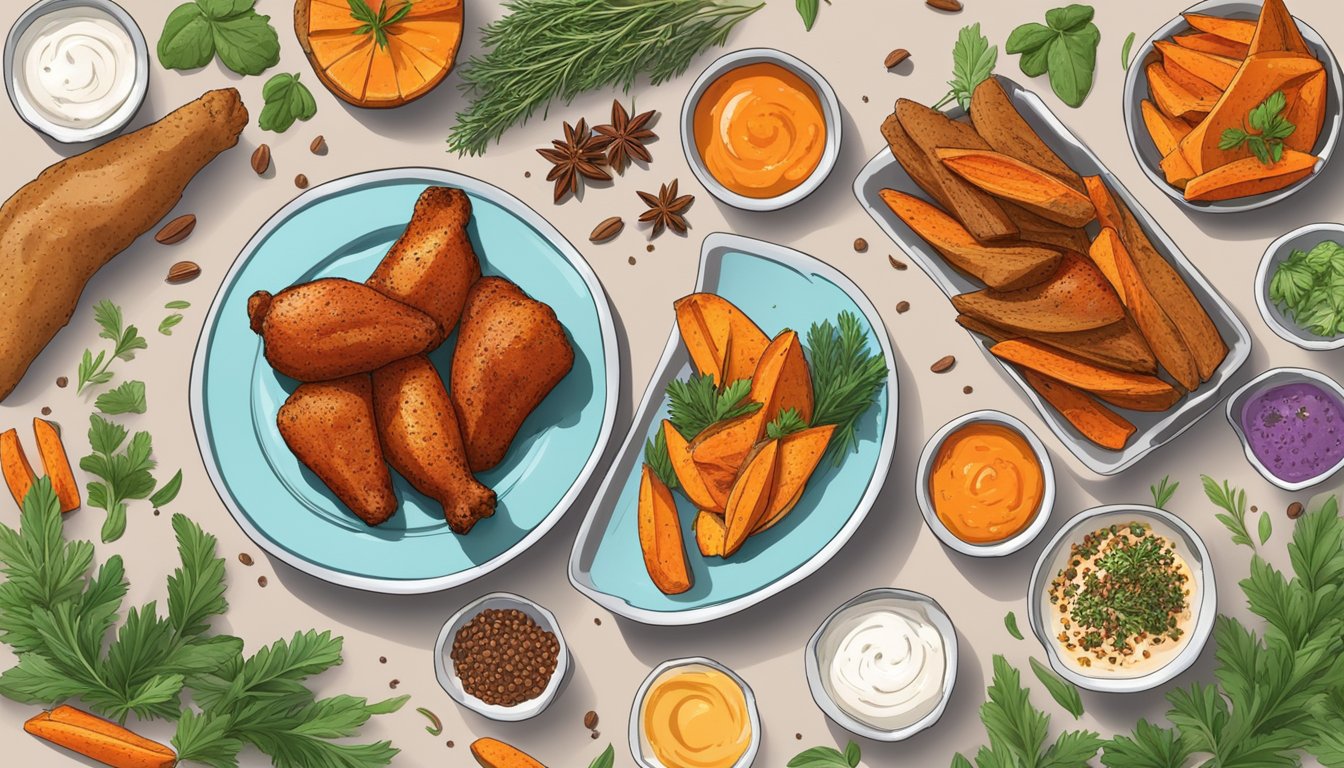 Baked chicken wings and sweet potato wedges on a plate, surrounded by colorful herbs and spices, a healthy and flavorful meal combo