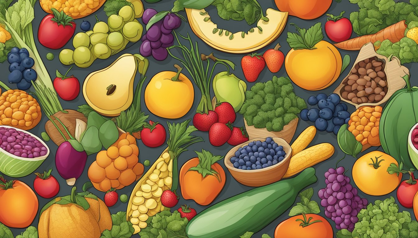 A colorful array of fruits, vegetables, whole grains, and legumes arranged in a balanced and appealing manner