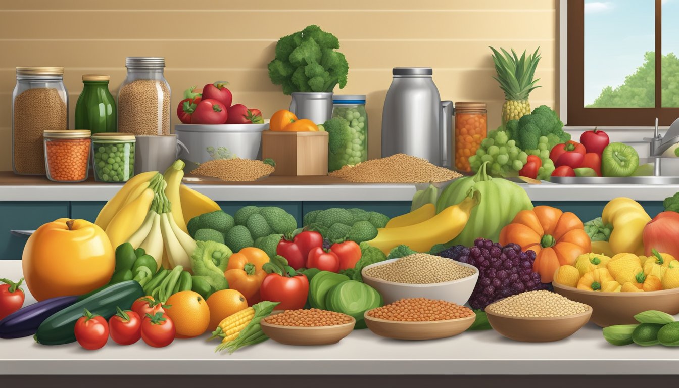 A colorful array of fresh fruits, vegetables, whole grains, and legumes fills a kitchen countertop, while packaged processed foods and junk foods are pushed to the side