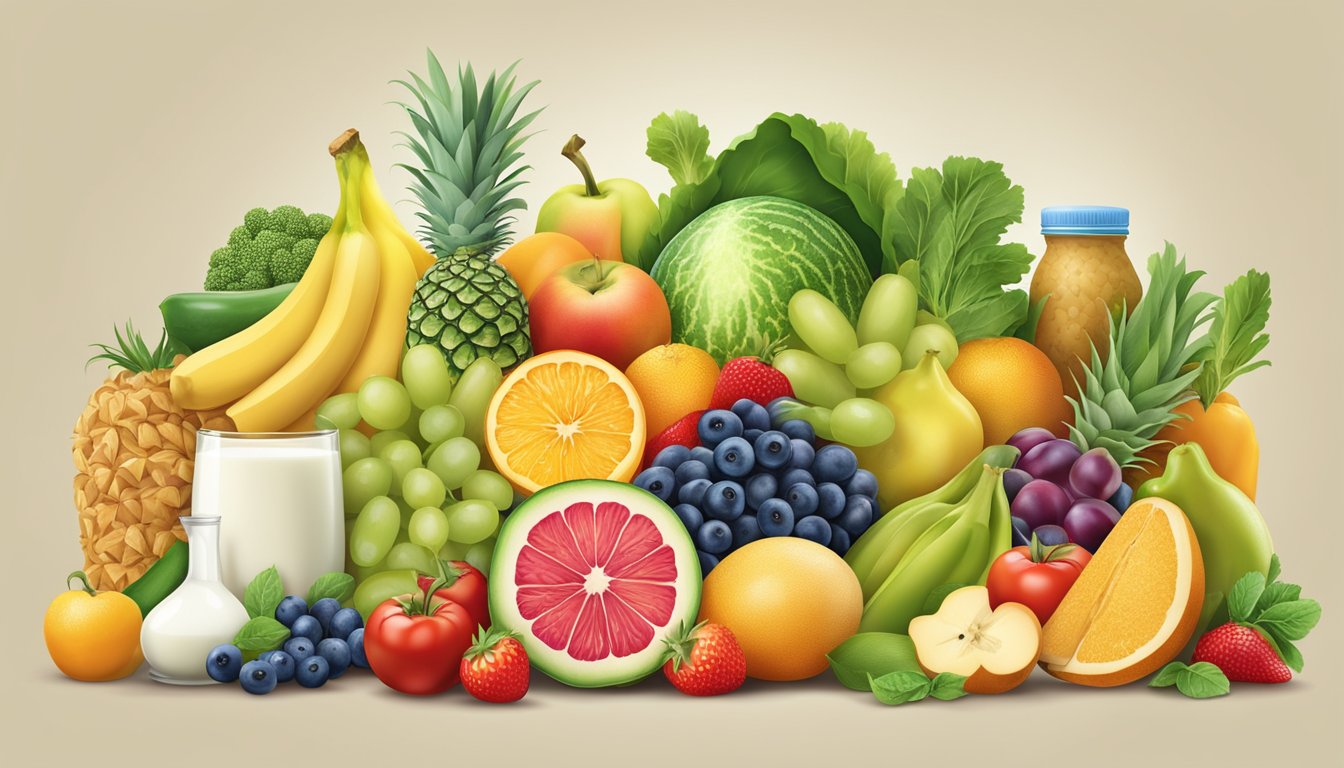 A colorful array of fruits, vegetables, whole grains, and dairy products arranged in a balanced and nutritious composition