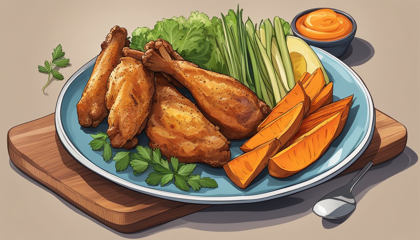 A plate of baked chicken wings and sweet potato wedges, surrounded by colorful vegetables and herbs, representing a flavorful and healthy meal combo