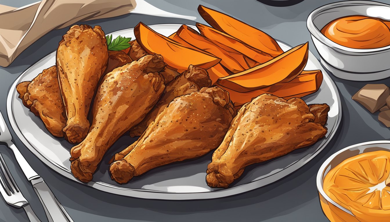 A plate of baked chicken wings and sweet potato wedges, ready to be stored and reheated for a flavorful and healthy meal combo