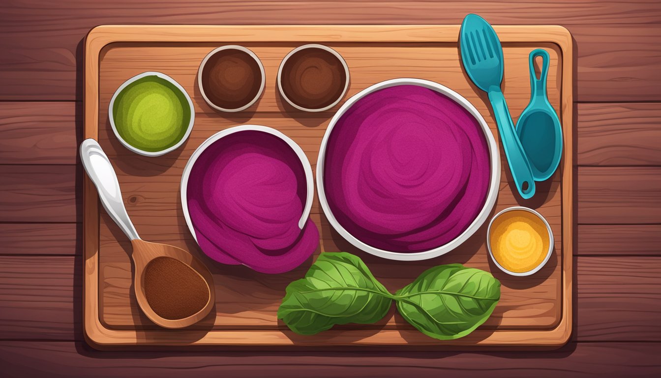 A colorful beetroot, cacao, and protein powder arranged on a wooden cutting board, surrounded by kitchen utensils and ingredients