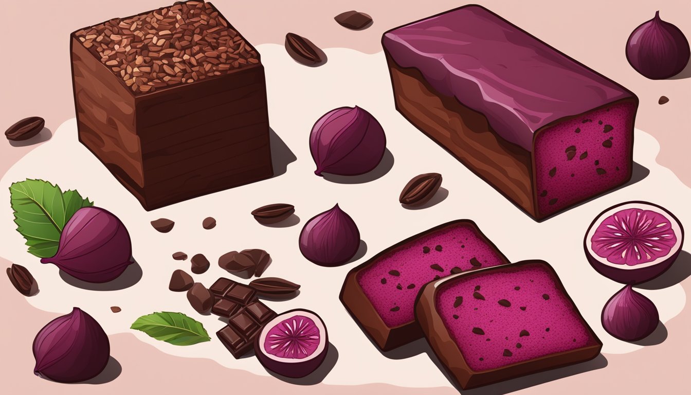 A rustic wooden table with a sliced beet chocolate protein loaf, surrounded by scattered beet slices and cacao nibs