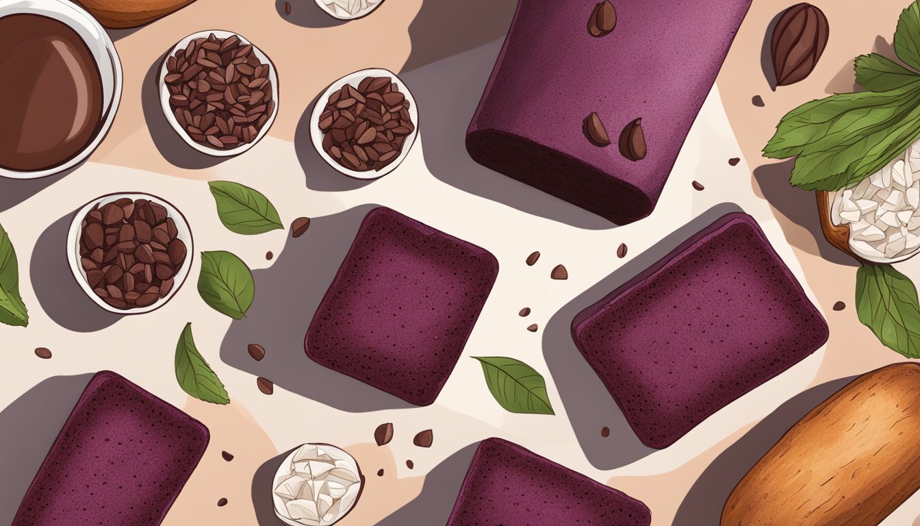 A rustic wooden table with a freshly baked beet chocolate protein loaf, surrounded by scattered beet slices, cacao nibs, and a few whole beets