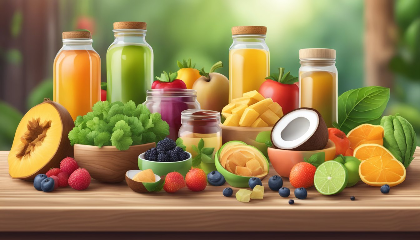 A variety of natural sweeteners and gut-healthy foods displayed on a wooden table, surrounded by vibrant fruits and vegetables