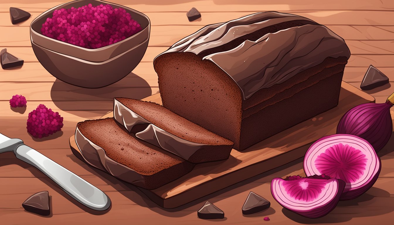 A loaf of chocolate protein bread with beets and sweetening ingredients on a wooden cutting board, surrounded by scattered beet slices and cocoa powder