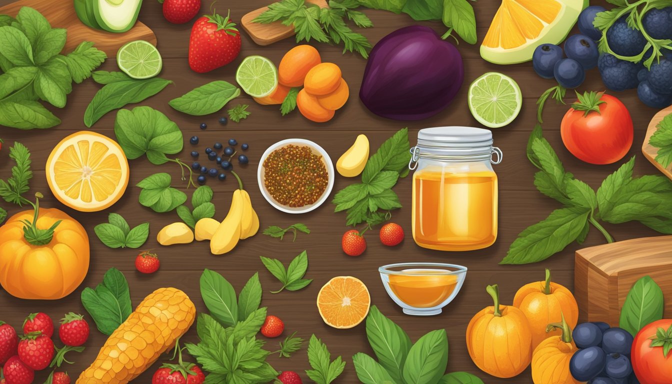 A colorful array of fruits, vegetables, and herbs spread out on a wooden table, with a glass jar of honey and a bowl of stevia leaves as options for sweetening