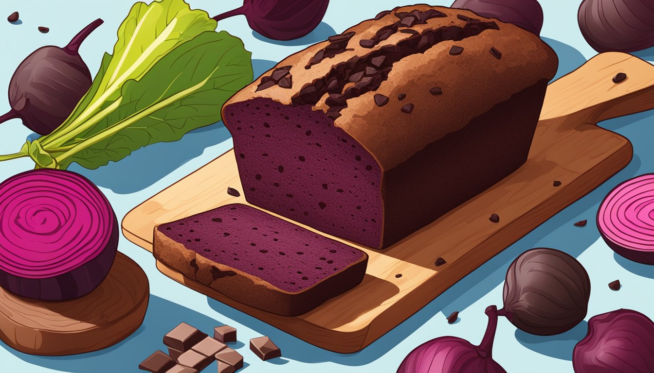 A loaf of beet chocolate protein bread surrounded by fresh beets and dark chocolate chunks on a wooden cutting board