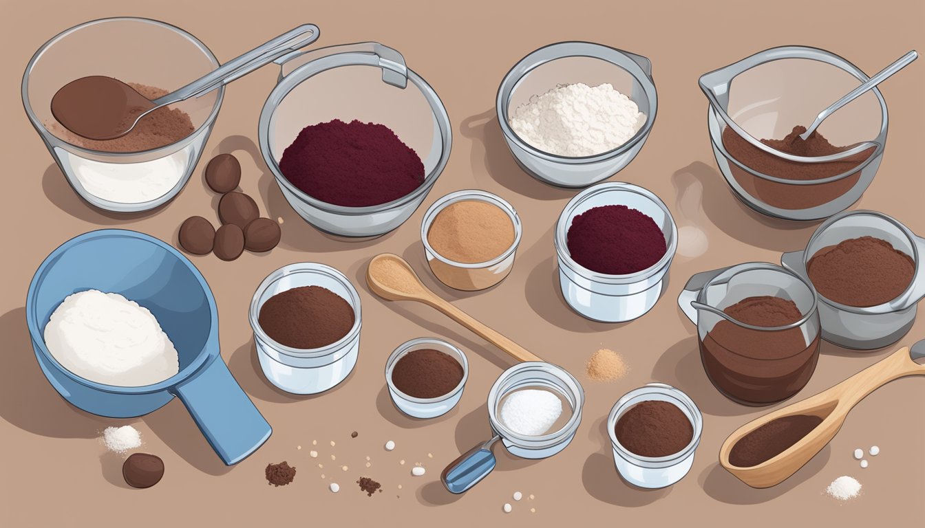 A mixing bowl filled with beet puree, cocoa powder, protein powder, and flour, surrounded by measuring cups and spoons