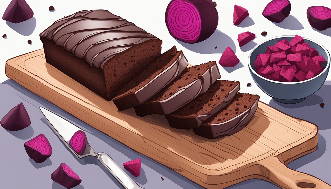 A slice of beet chocolate protein loaf on a wooden cutting board with scattered beet slices and chocolate chunks