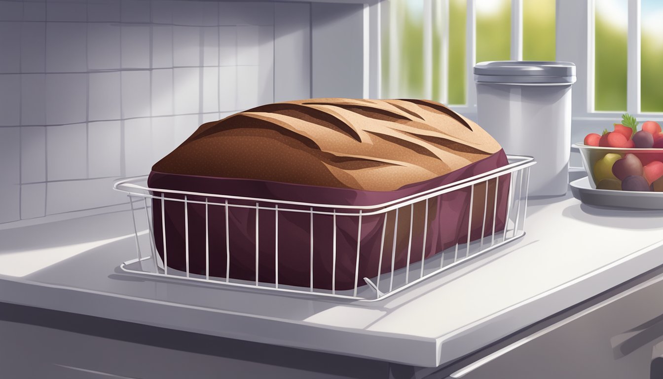 A loaf of beet chocolate protein bread wrapped in parchment paper and stored in an airtight container in the refrigerator