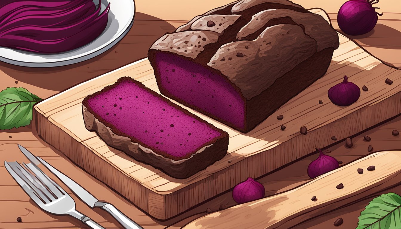 A rustic kitchen table with a sliced beet chocolate protein loaf on a wooden cutting board, surrounded by scattered beet and cocoa powder