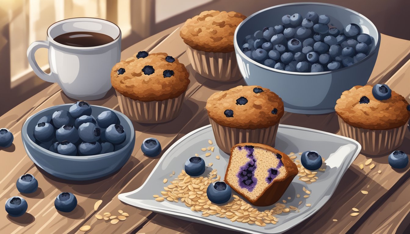 A rustic kitchen table with a plate of blueberry oat bran flax muffins, surrounded by fresh blueberries and a scattering of flax seeds