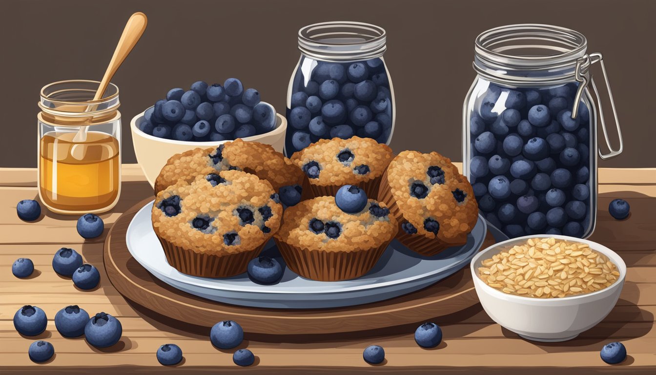 A rustic kitchen table with a plate of blueberry oat bran flax muffins, surrounded by fresh blueberries and a jar of honey