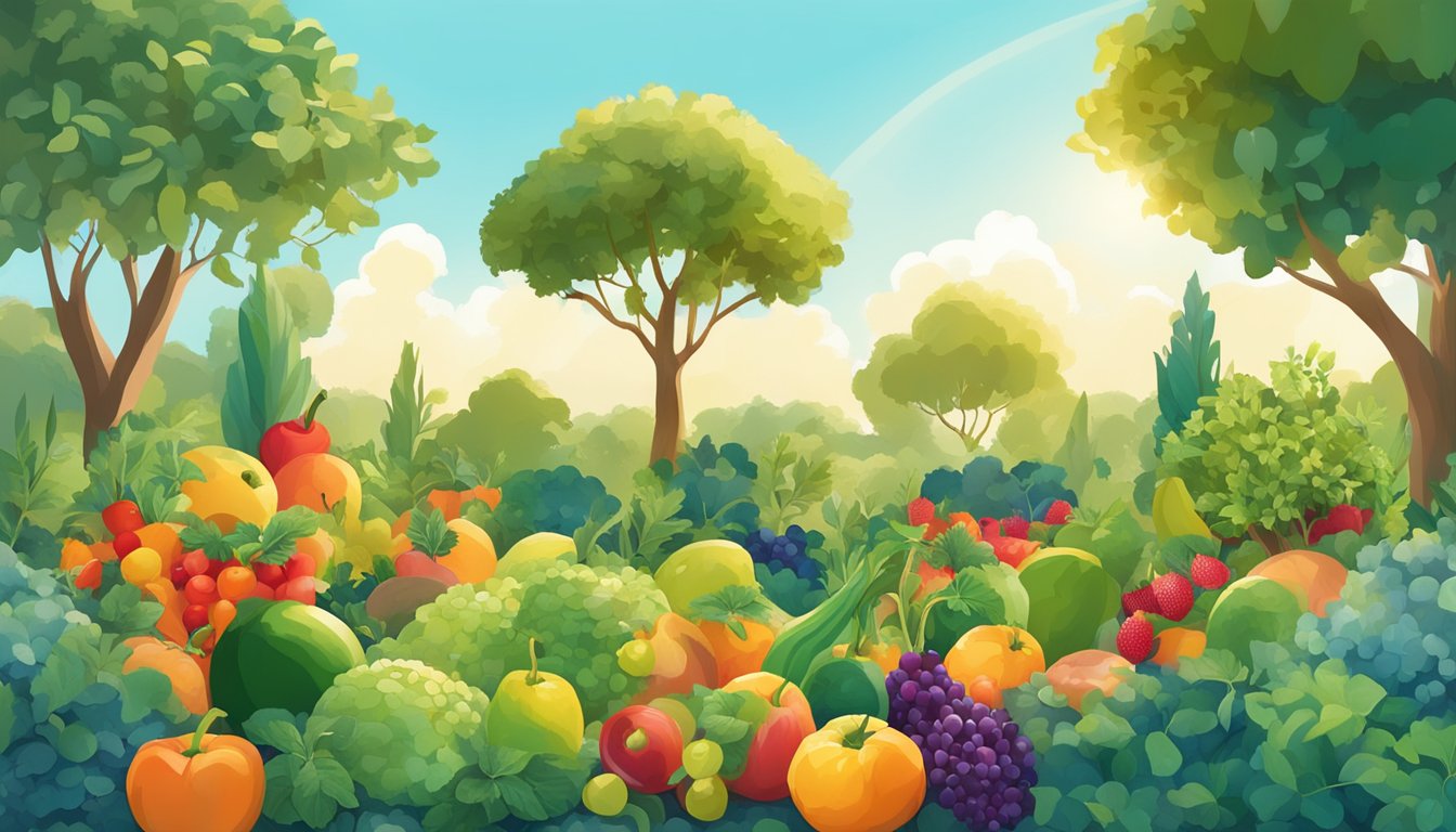 A vibrant garden filled with colorful fruits, vegetables, and herbs, surrounded by a clear blue sky and shining sun