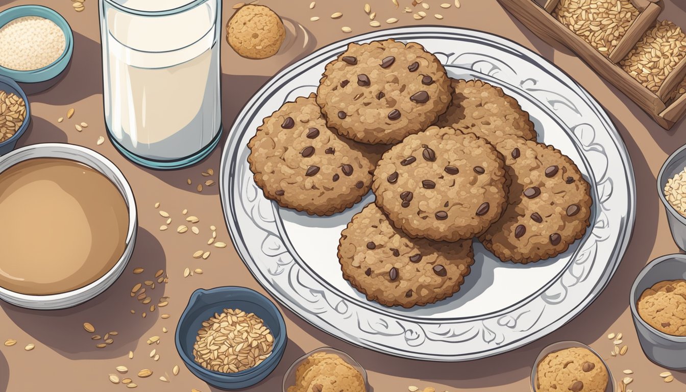 A plate of freshly baked lactation cookies surrounded by ingredients like oats, flaxseed, and brewer's yeast. A glass of milk sits beside the plate