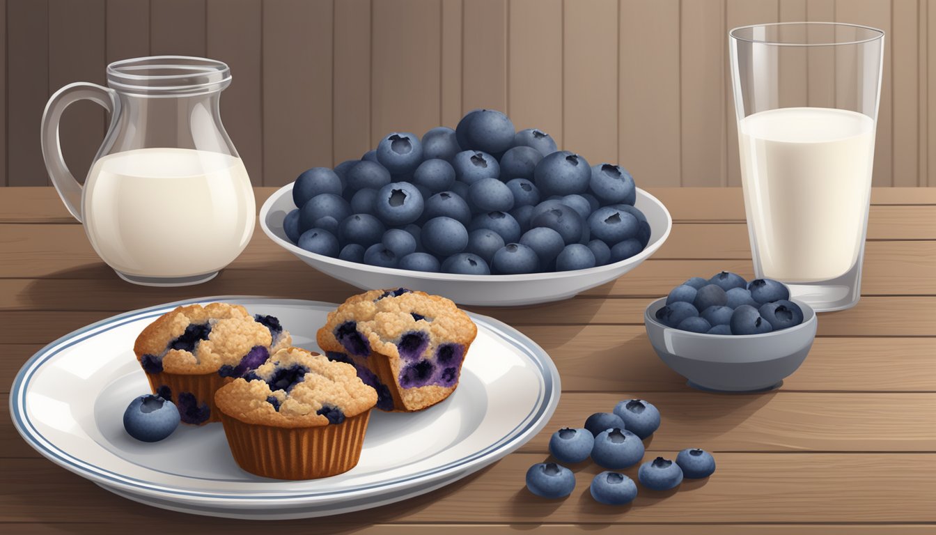 A rustic kitchen table with a plate of blueberry oat bran flax muffins, surrounded by fresh blueberries and a glass of milk