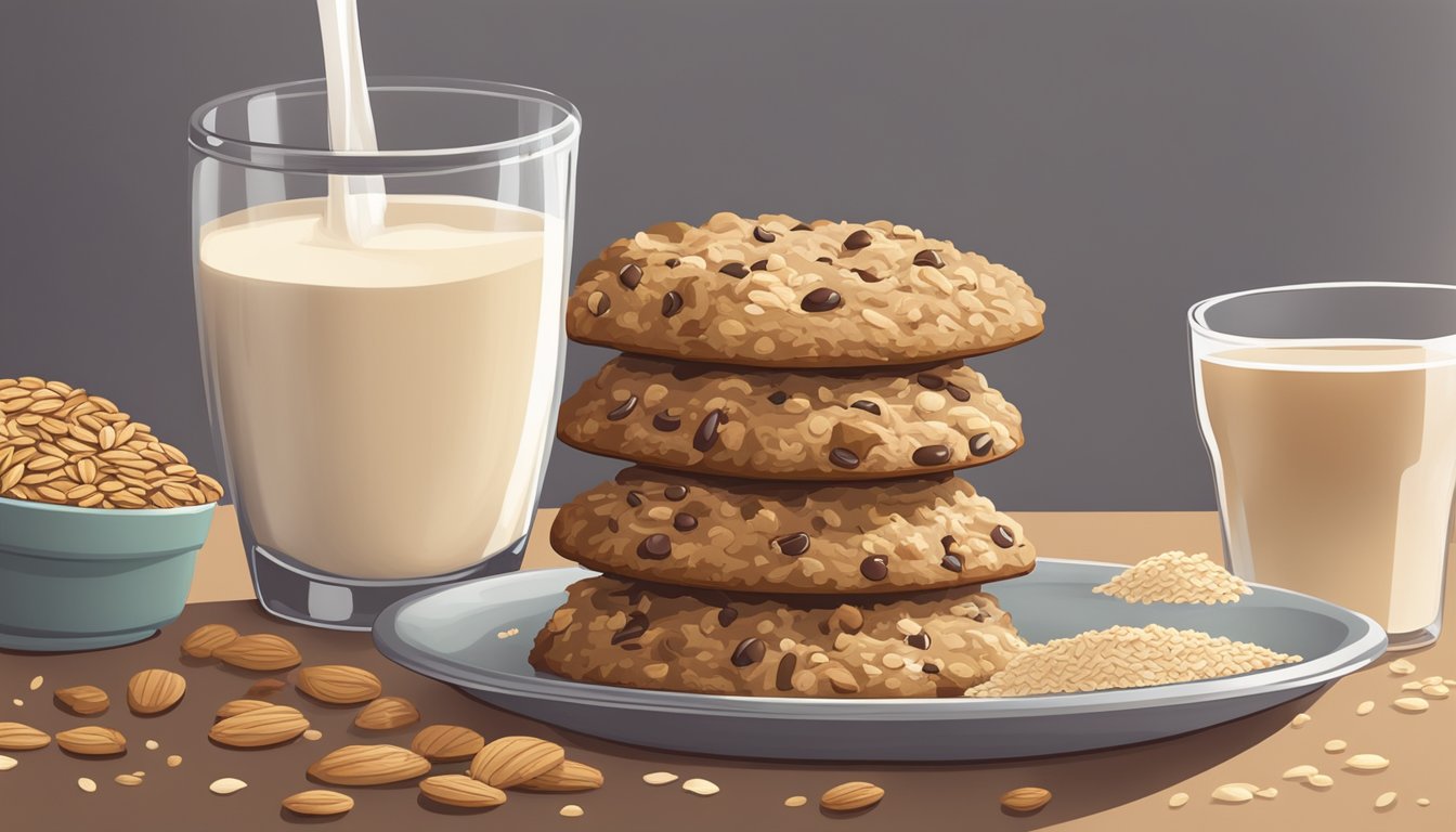 A plate of freshly baked lactation cookies surrounded by ingredients like oats, flaxseed, and brewer's yeast, with a glass of milk on the side