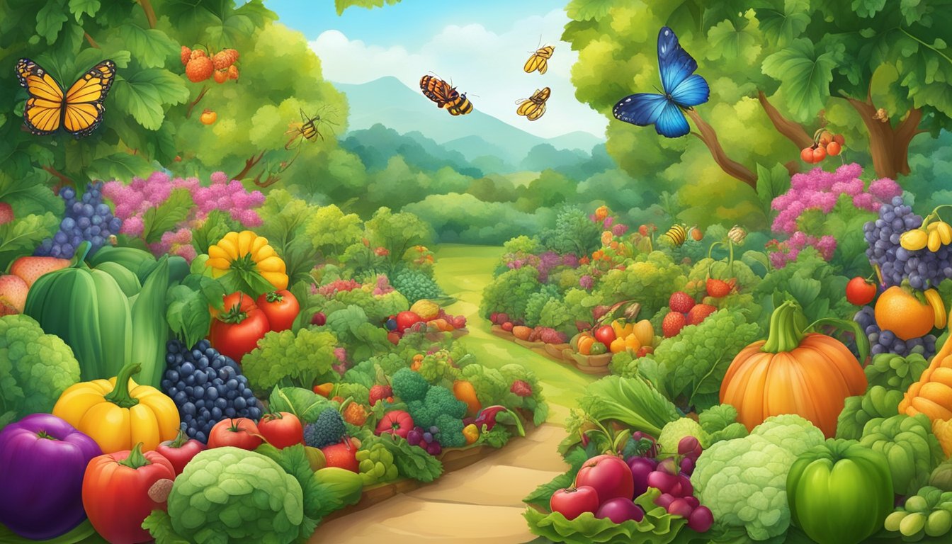 A vibrant garden bursting with colorful fruits and vegetables, surrounded by lush greenery and buzzing with lively insects