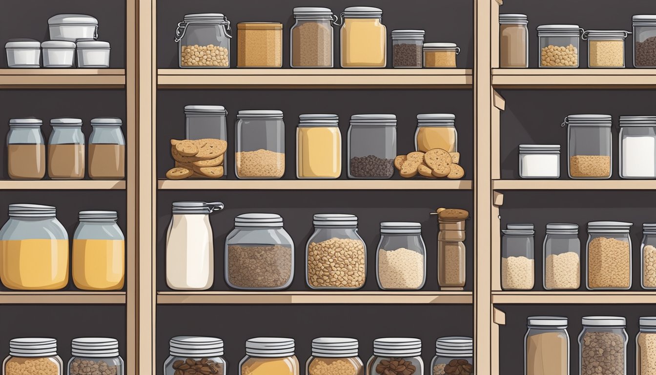 A neatly organized pantry shelf with jars of lactation cookies and airtight containers for storing them, surrounded by fresh ingredients like oats, flaxseed, and brewer's yeast