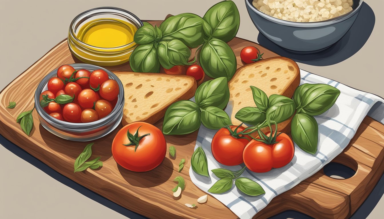 A rustic wooden cutting board topped with vibrant, fresh ingredients like ripe tomatoes, basil leaves, garlic, and crusty bread. A drizzle of olive oil adds the finishing touch to this classic Italian appetizer