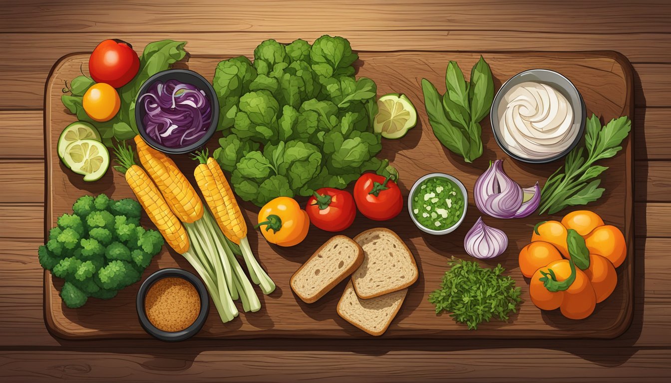 A colorful array of fresh vegetables and herbs arranged on a rustic wooden cutting board, surrounded by slices of whole grain bread and a drizzle of balsamic glaze