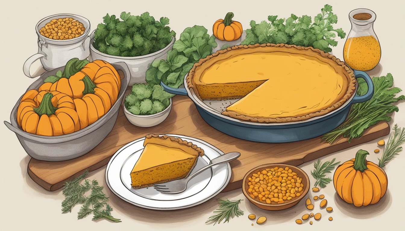 A rustic kitchen table with a steaming butternut squash lentil pie surrounded by fresh ingredients like lentils, squash, and herbs