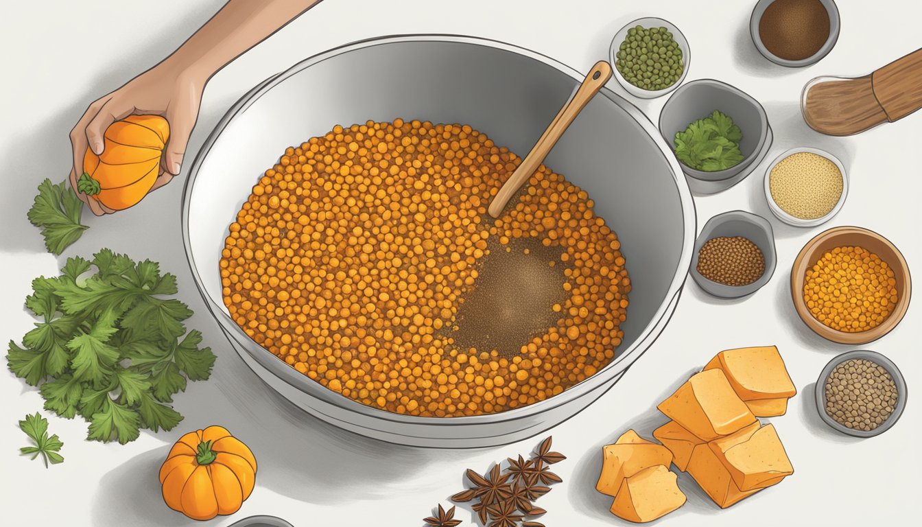 A chef mixes cooked lentils, diced butternut squash, and savory spices in a large mixing bowl