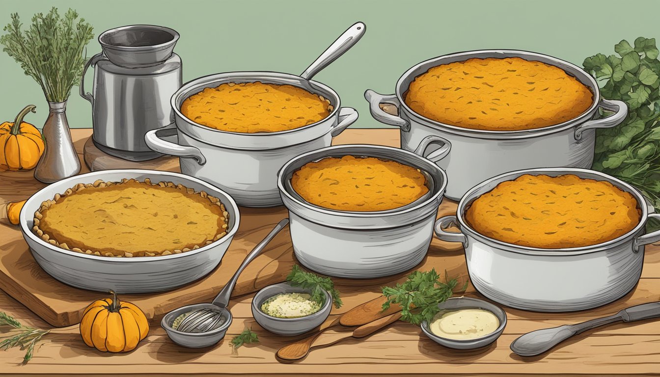 A rustic kitchen counter with a golden-brown butternut squash lentil pie surrounded by fresh ingredients and kitchen utensils