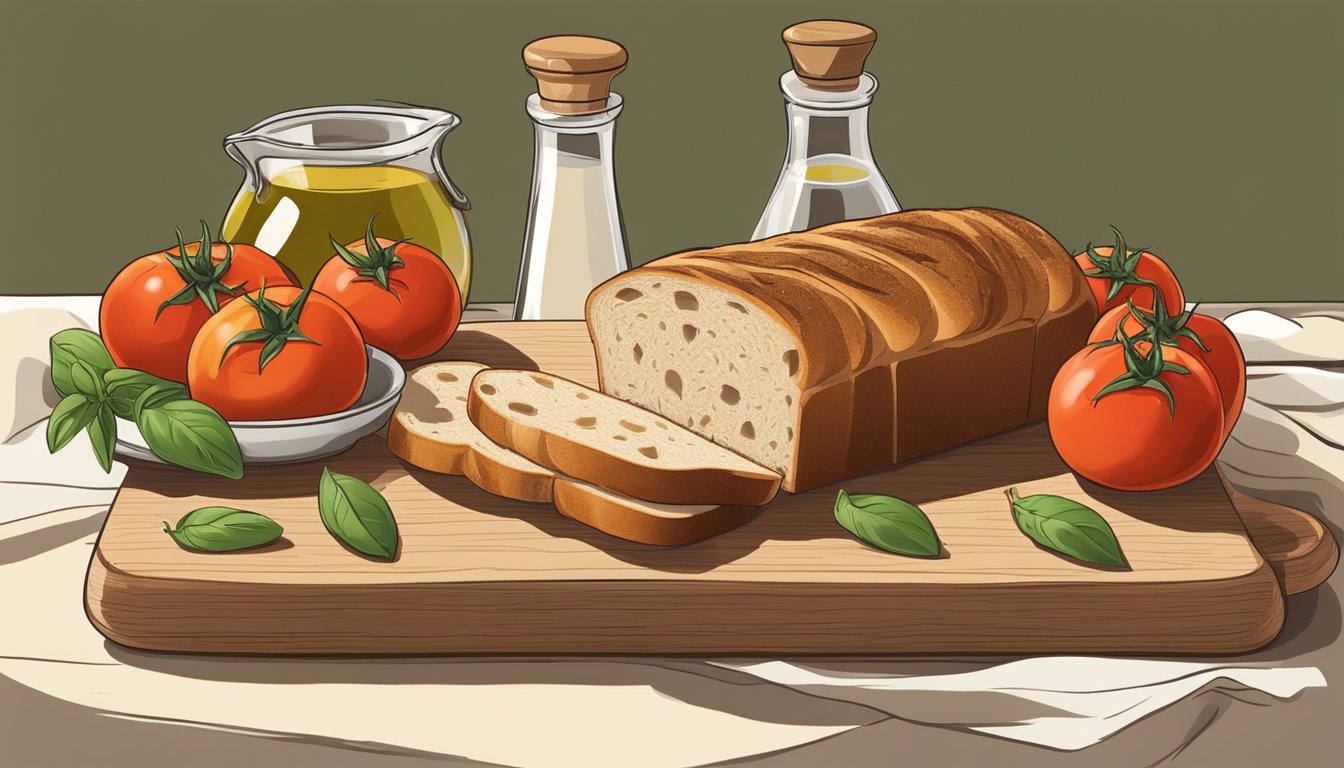 A wooden cutting board topped with ripe tomatoes, fresh basil leaves, garlic cloves, and a loaf of crusty bread. Olive oil and balsamic vinegar sit nearby